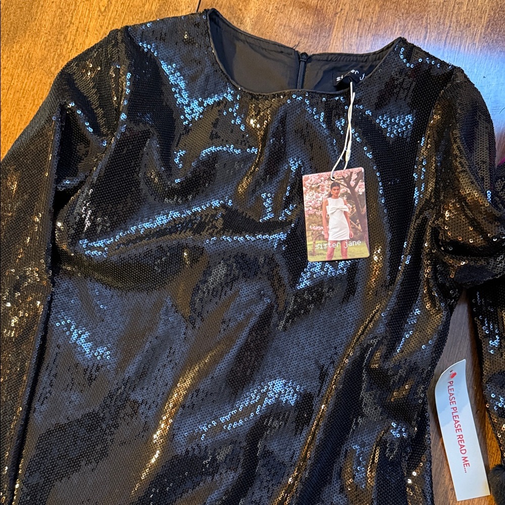 Sister Jane Black Sequin and Fur Trim on cuffs and bottom Dress